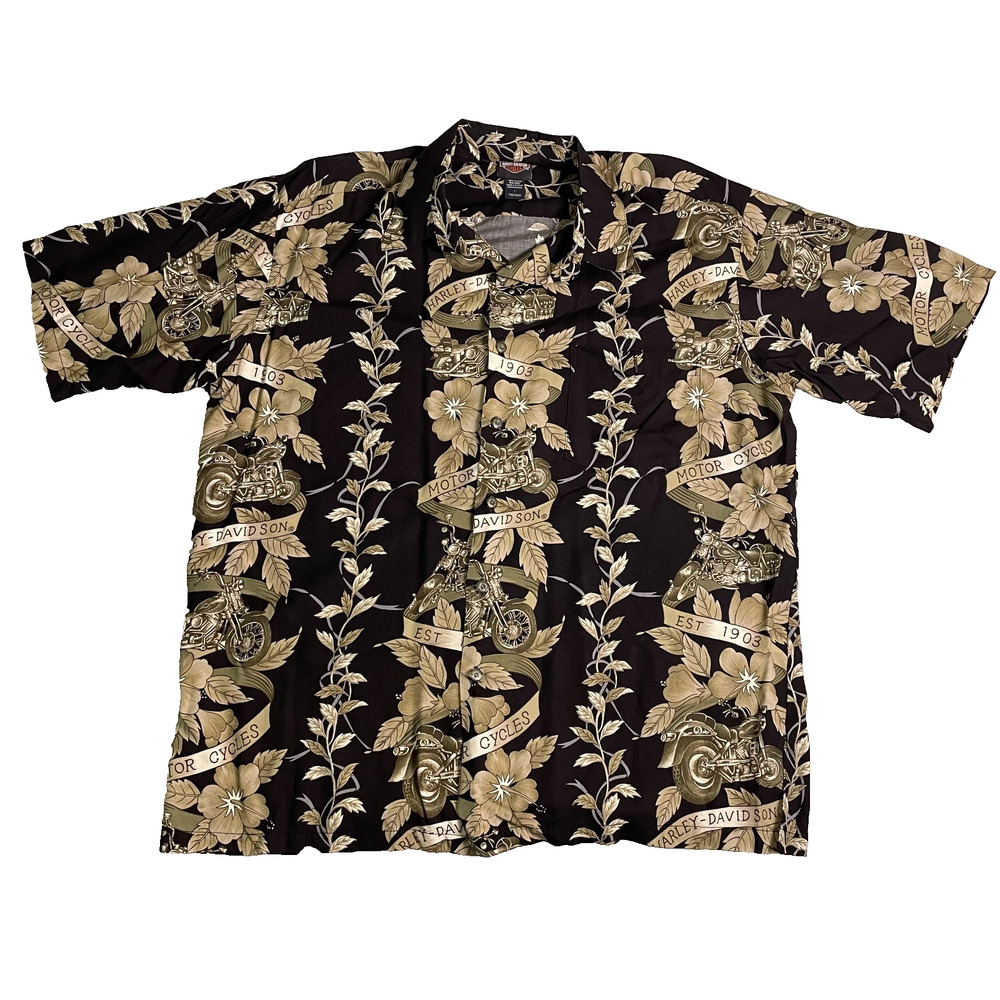 Harley Davidson Button Up Shirt Mens L Black Floral Motorcycles Hawaiian Resort